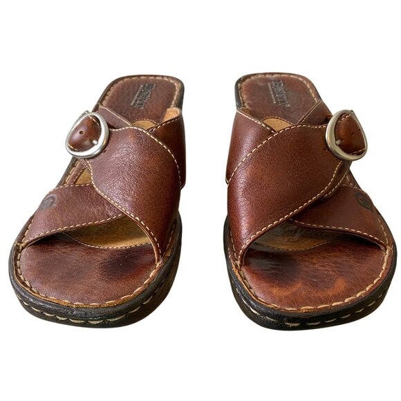 Born Sandals Womens Brown Leather Buckle Slip-On Wedge Shoes Size 7 - Picture 5 of 10